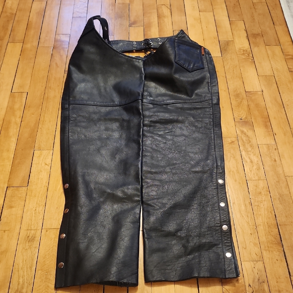 Black Leather Chaps with Snap Buttons